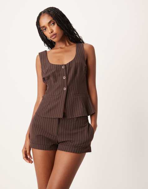 Motel Ganita scoop neck co-ord button up pinstripe vest in brown - view 1