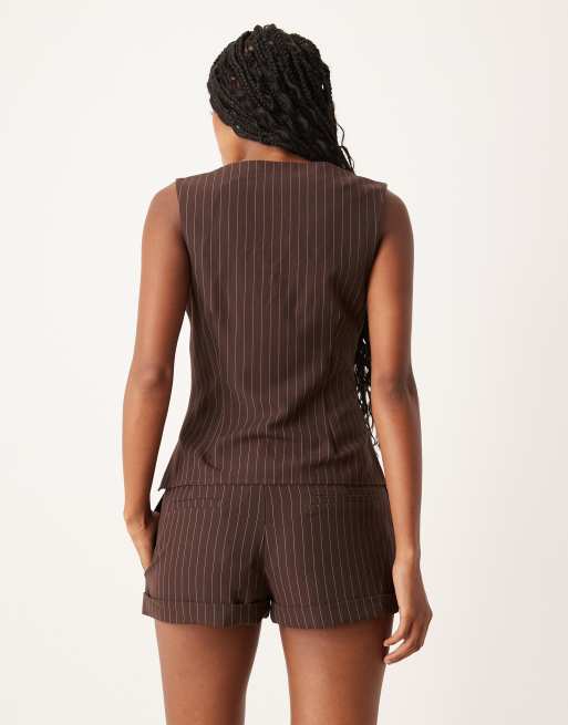 Motel Ganita scoop neck co-ord button up pinstripe vest in brown, 4 of 4