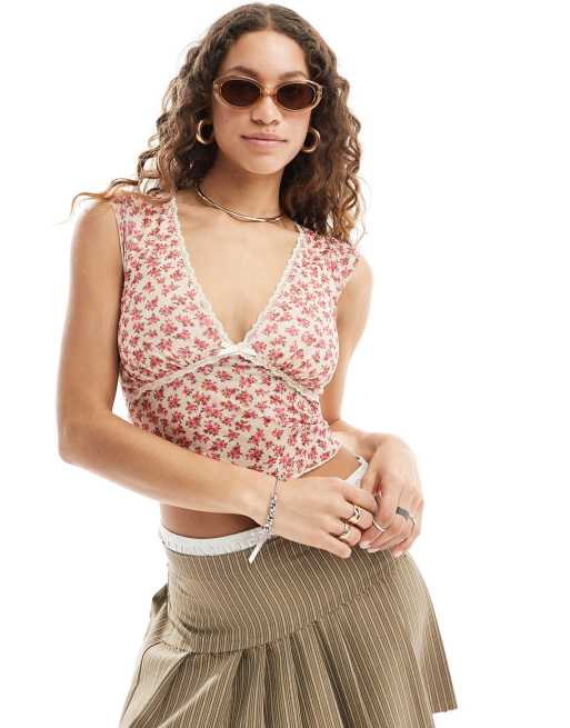 Motel gardenia print bow detail mesh top in multi pink