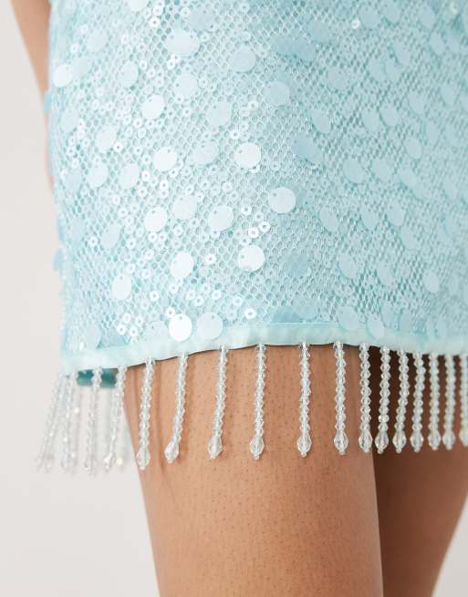 Motel Gasenda sequin bead hem mini skirt in light blue co-ord, 3 of 5