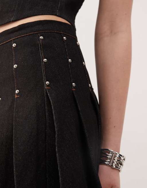 Motel gatlin studded pleated mini skirt in washed black - part of a set, 3 of 5