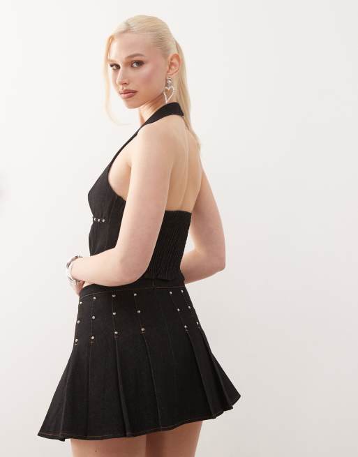 Motel gatlin studded pleated mini skirt in washed black - part of a set, 4 of 5