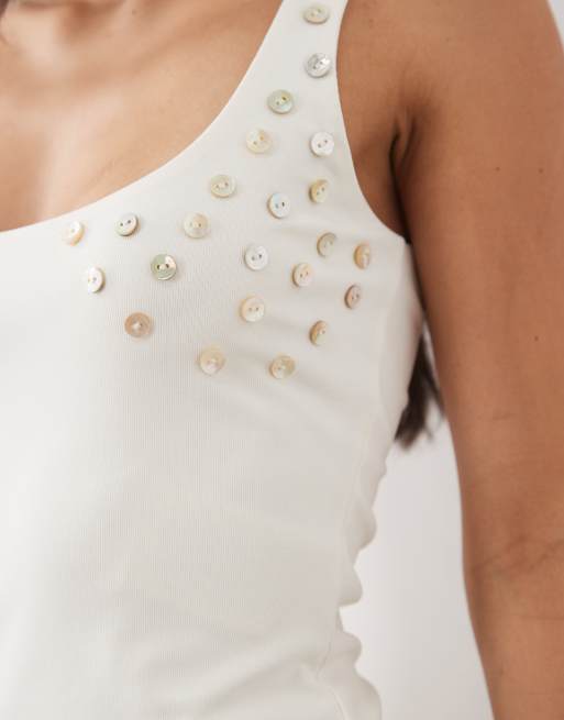 Motel Gelita button square neck singlet in white, 3 of 4