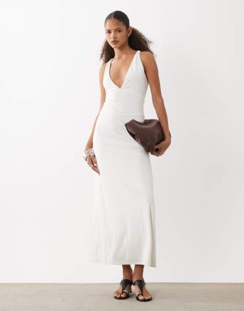 Motel Georgina cupro deep plunge midi dress in off white - view 1