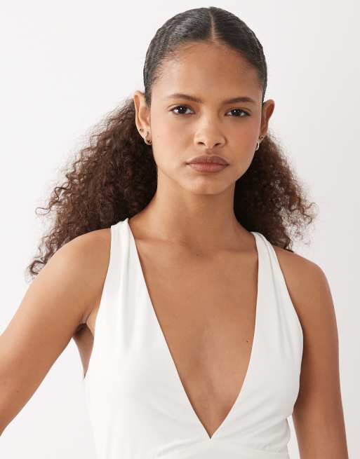 Motel Georgina cupro deep plunge midi dress in off white, 2 of 4
