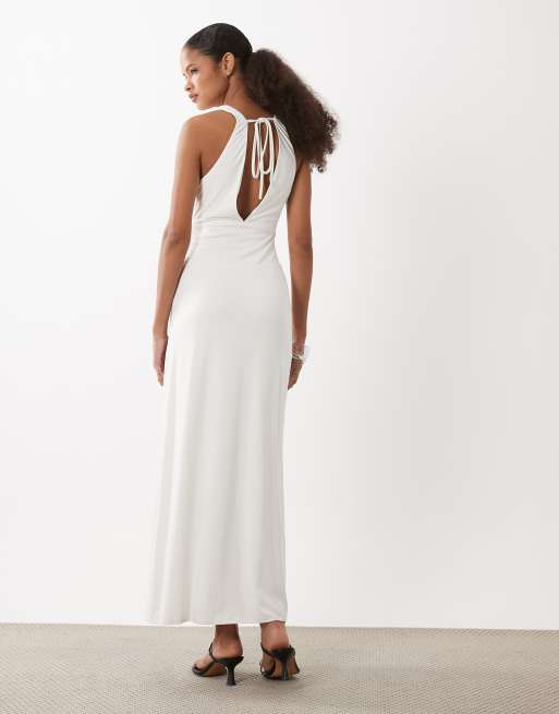 Motel Georgina cupro deep plunge midi dress in off white, 4 of 4