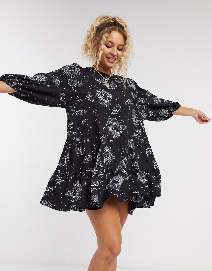 Motel - Geplooide mini-jurk met hemellichamenprint-Zwart