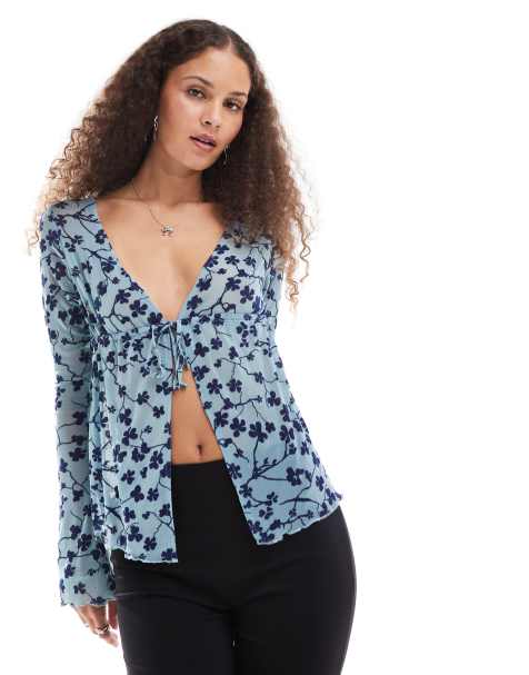 Motel gerbera flocked tie-front blouse in blue and navy - view 1