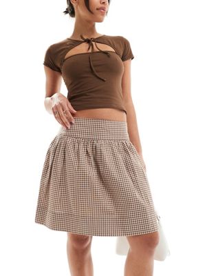 gingham knee length skirt in brown