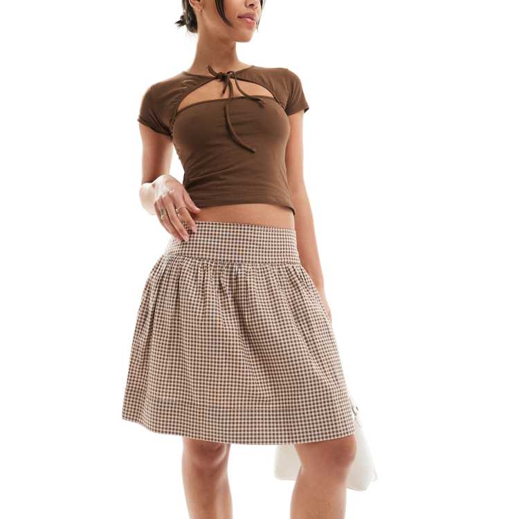 Motel gingham knee length skirt in brown ASOS