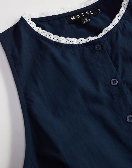 Motel gitas button through pleated skirt mini dress in navy | ASOS