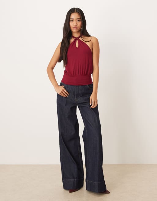 Motel Giunea knot halter top in burgundy, 3 of 4