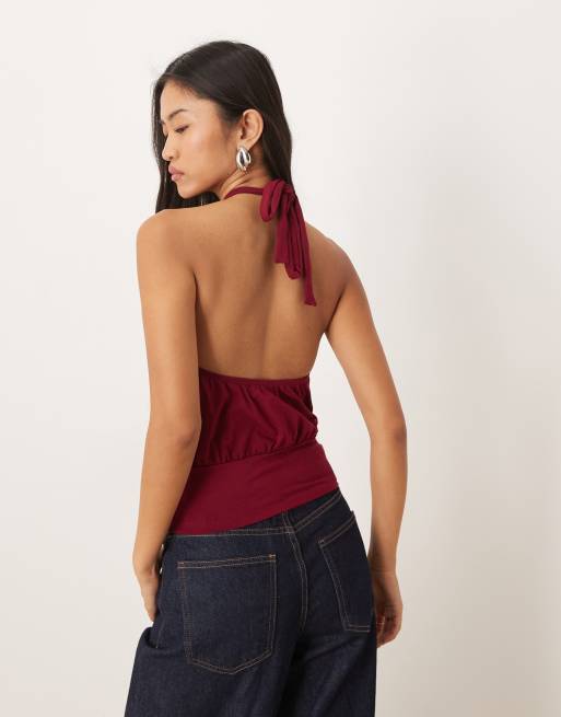 Motel Giunea knot halter top in burgundy, 4 of 4