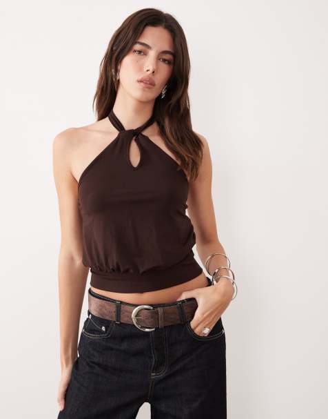 Motel Giunea knot halter top in chocolate brown - view 1