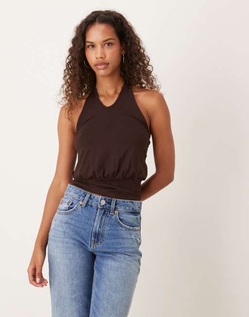 Motel Giunea knot halter top in chocolate brown