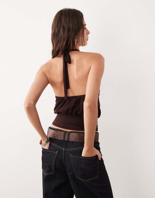 Motel Giunea knot halter top in chocolate brown, 3 of 4