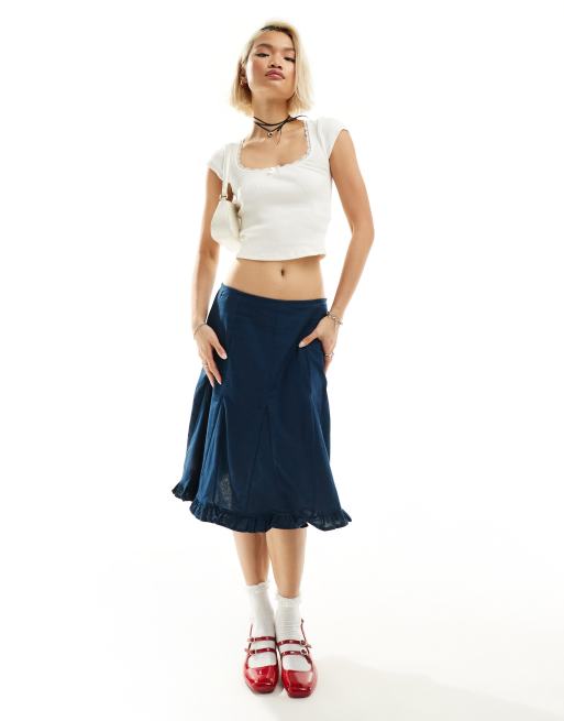 Motel - Gonna godet al ginocchio blu navy effetto lino