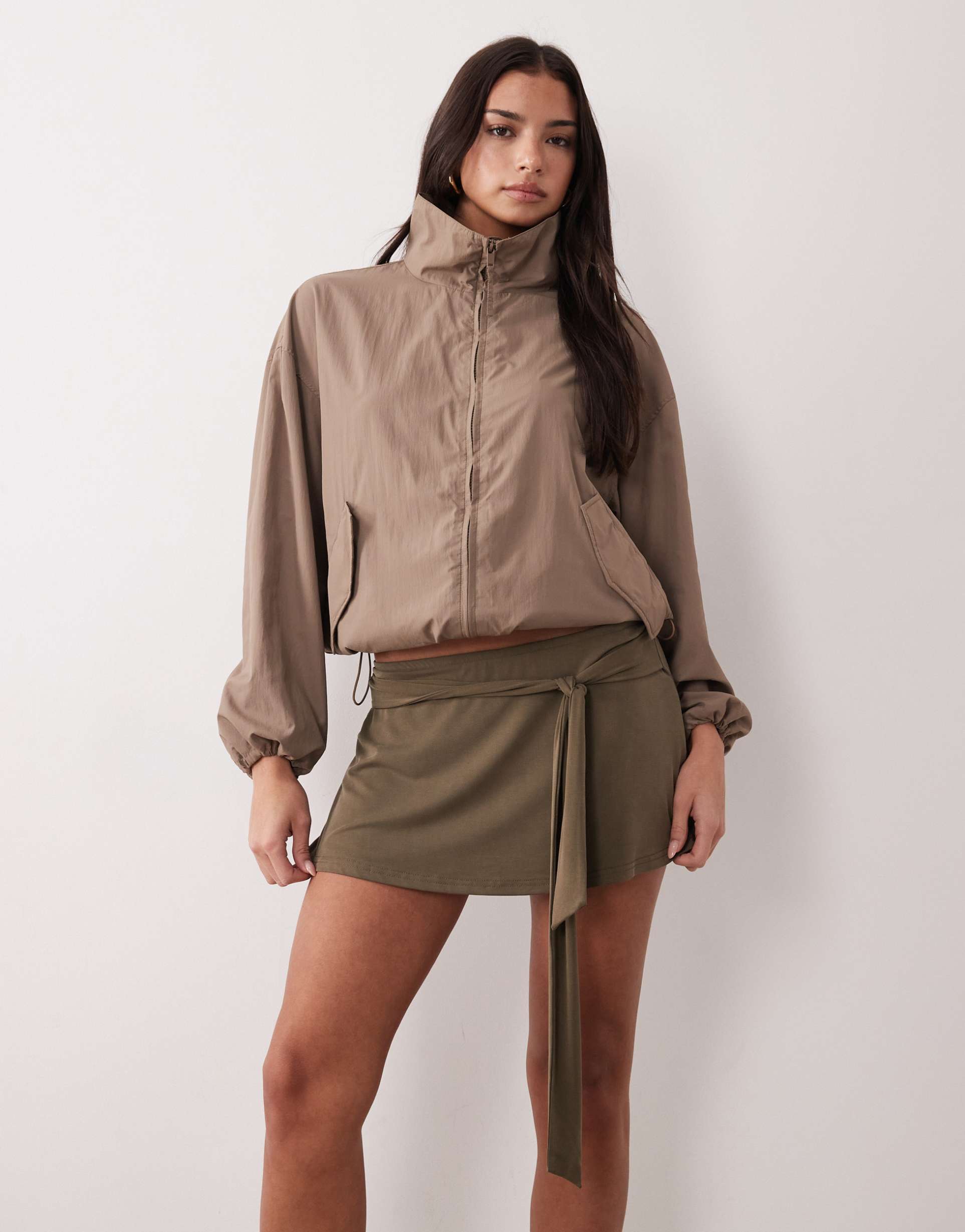 motel grecia tie detail mini skirt in khaki green