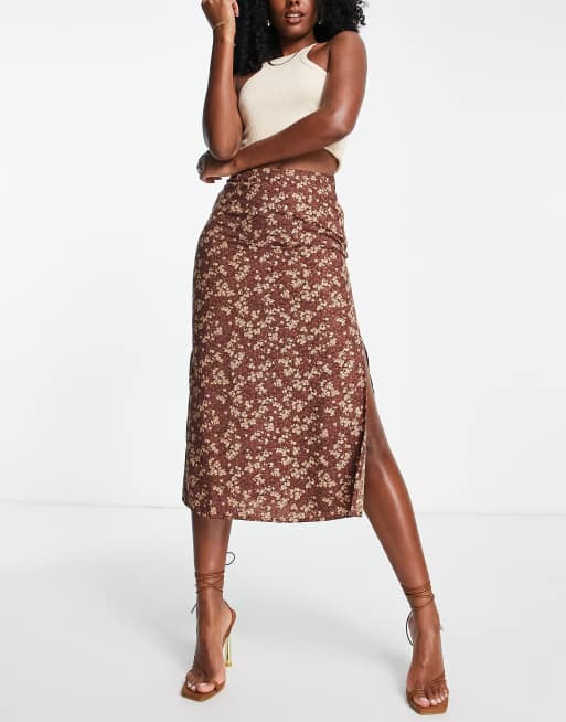 Motel - Grunge midi-rok met dijhoge split en bruine bloemenprint