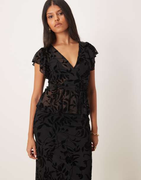 Motel guilia v neck ruffle top in flocked black flower co-ord