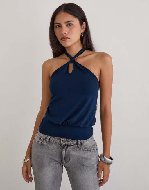 Motel Guinea knot halter top in navy, 3 of 4