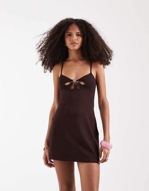 Motel Gustin flower cut out mini dress in bitter chocolate | ASOS