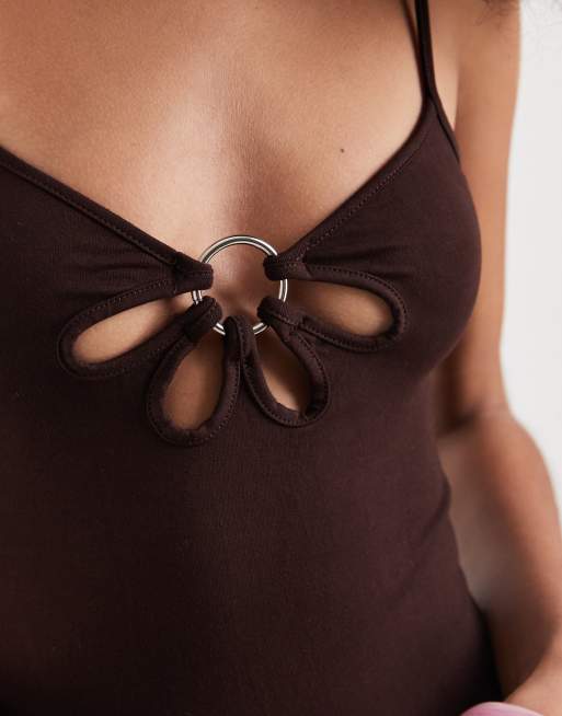 Motel Gustin flower cut out mini dress in bitter chocolate, 3 of 4