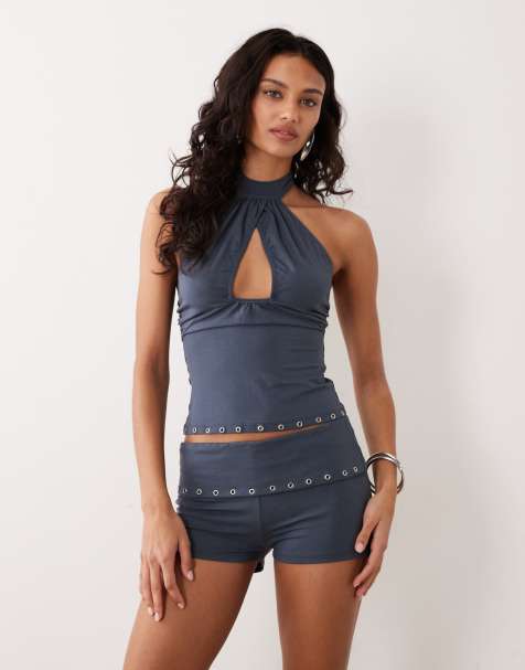 Motel Gyomei eyelet wrap jersey halter top in ocean storm (part of a set) - view 1