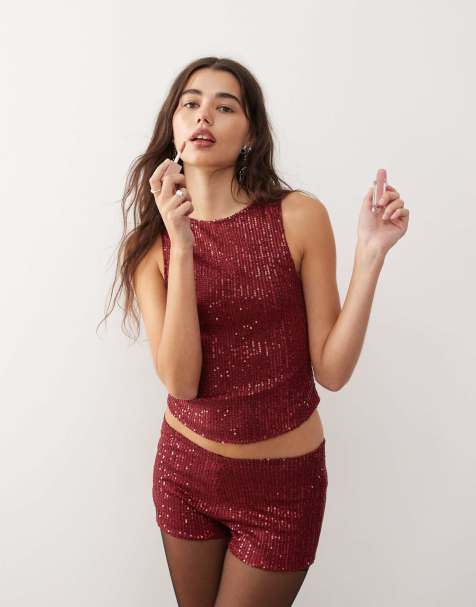 Motel Hala drape sequin singlet top in burgundy (part of a set) - view 1