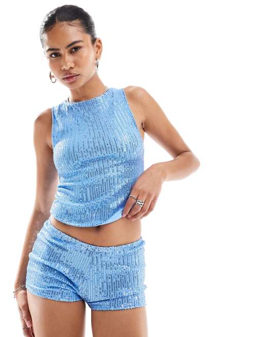 Motel Hala sequin singlet top in soft blue (part of a set)