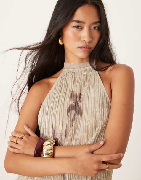 Motel halter neck brienne flower print top in light gold shimmer - view 1