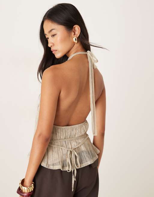 Motel halter neck brienne flower print top in light gold shimmer, 2 of 4