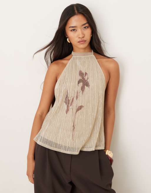Motel halter neck brienne flower print top in light gold shimmer, 3 of 4