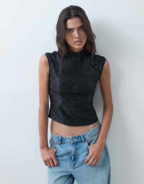 Motel hanna jacquard top with asymm button detail in black satin - view 1