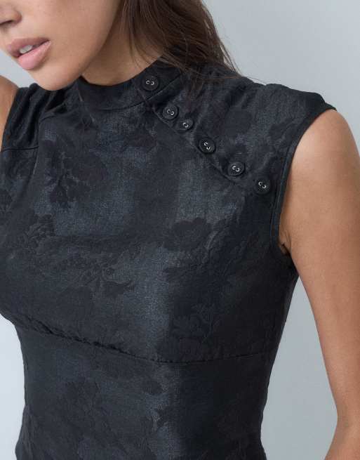 Motel hanna jacquard top with asymm button detail in black satin, 3 of 5