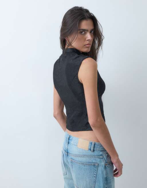 Motel hanna jacquard top with asymm button detail in black satin, 5 of 5