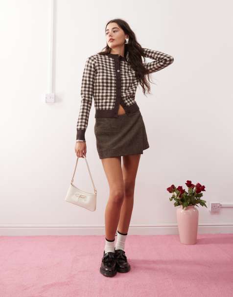 Motel Hanudia fitted gingham cardigan in brown - view 1