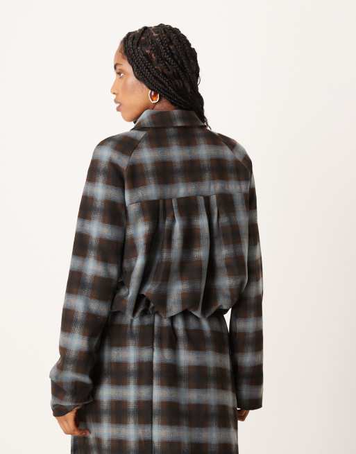 Motel Harana co-ord collared button up jacket in blue brown check, 3 of 4