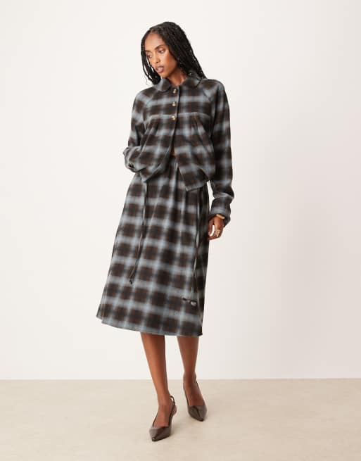 Motel Harana collared button up jacket in blue brown check (part of a set), 2 of 4