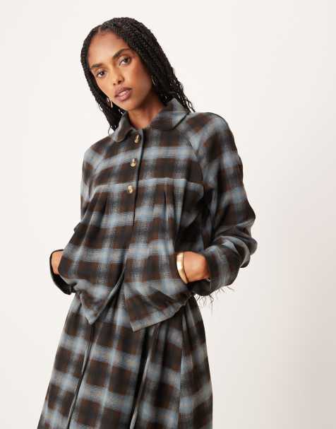Motel Harana collared button up jacket in blue brown plaid - part of a set - view 1