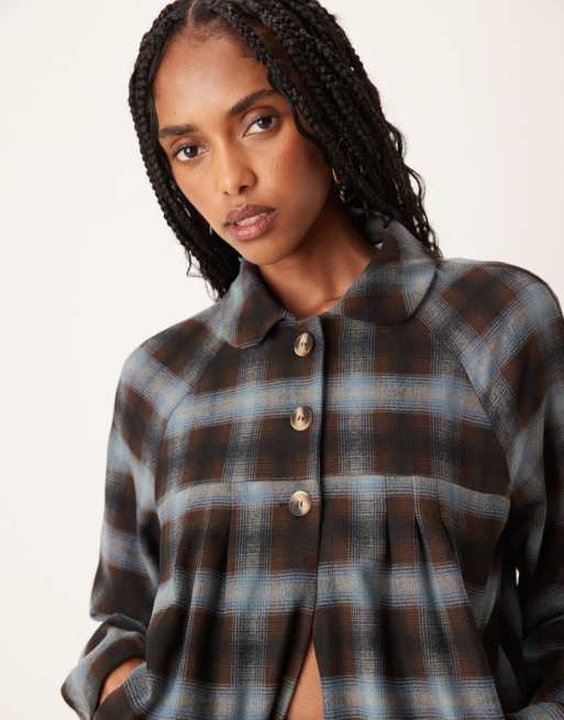 Motel Harana collared button up jacket in blue brown plaid - part of a set