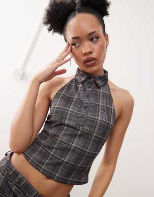 harlo collared check top in gray - part of a set