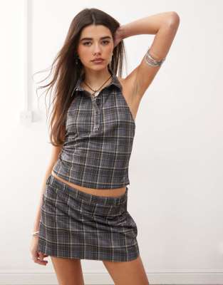 motel harlo collared check top in gray - part of a set