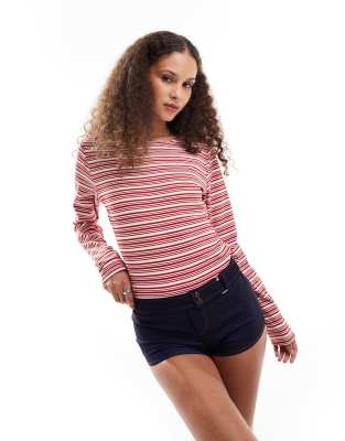 haruka long sleeve striped fitted top in red and white