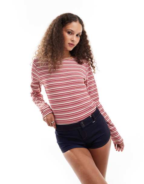 Motel haruka long sleeve striped fitted top in red and white - view 1