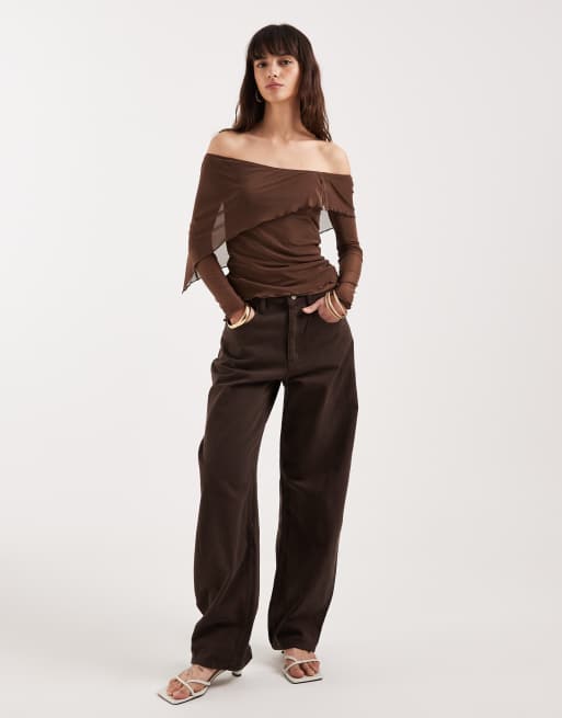 Motel - Haze - Brun langærmet offshoulder-top i mesh med asymmetrisk snit, 2 af 4