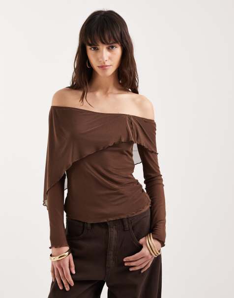 Motel Haze off shoulder aysmetric mesh long sleeve top in brown