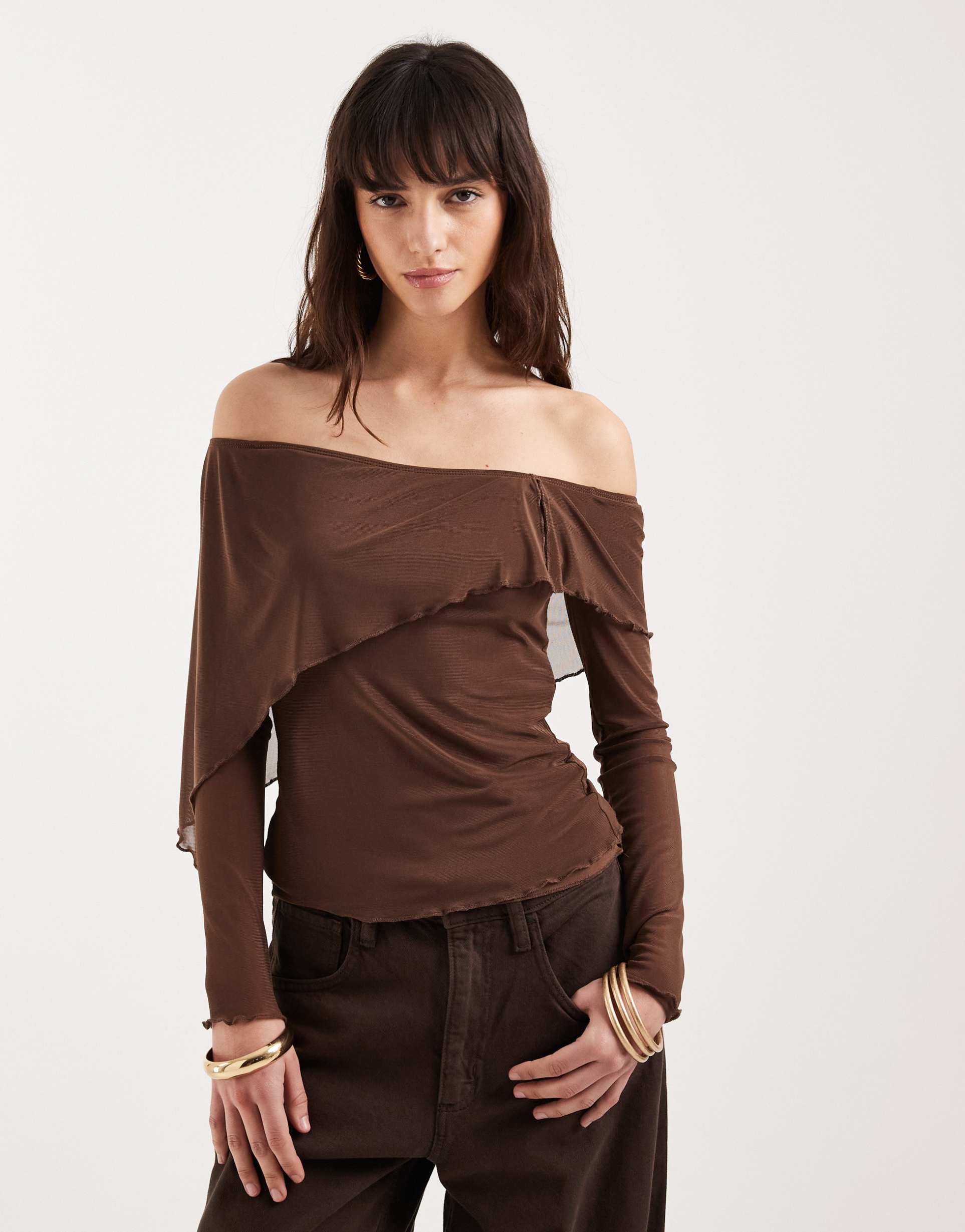 motel haze off the shoulder asymmetric mesh long sleeve top in brown