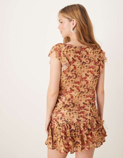 Motel heidi chiffon floral print wrap co-ord top in rust , 3 of 4