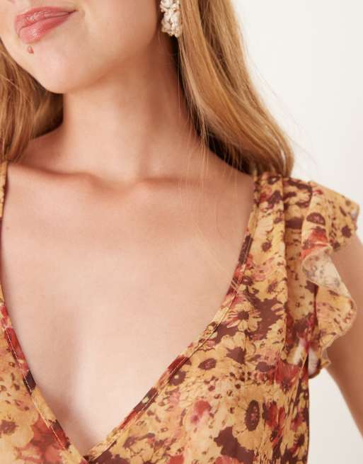 Motel heidi chiffon floral print wrap co-ord top in rust , 4 of 4
